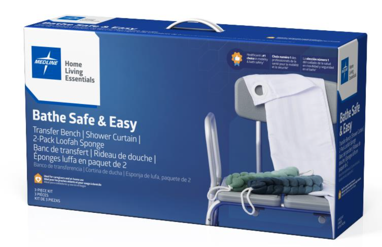 Bathe Safe and Easy Kit – Transfer Bench – Shower Curtain - and Loofah 2-Pack